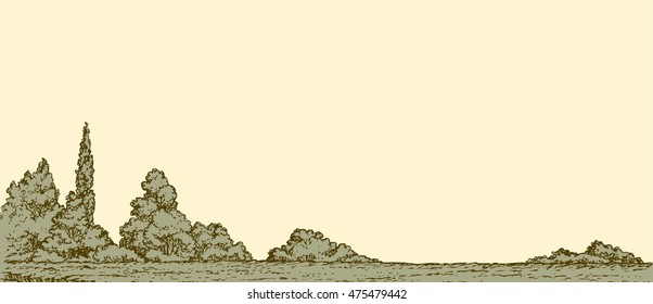 Romantic outdoor husbandry summertime scenery. Rustic view with space for text on yellow evening sky. Freehand outline ink hand drawn backdrop sketchy in art retro contour doodle style pen on paper