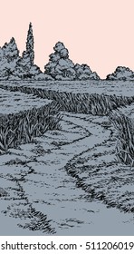 Romantic outdoor husbandry summertime scenery. Rustic view with space for text on pink evening sky. Freehand outline ink hand drawn backdrop sketchy in art retro contour doodle style pen on paper