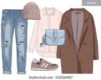 Romantic outfit. Young girl's clothing flat set. Stylish and trendy clothing