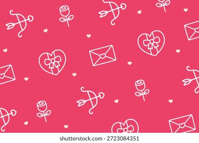 Patrón de contorno romántico de flechas cupido, cartas de amor, rosas y cajas de regalo en forma de corazón sobre fondo rosa. Perfecto para tarjetas de San Valentín, papelería de boda y marca romántica.