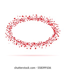 Romantic oval frame with small red hearts and lights on white background. Vector illustration.