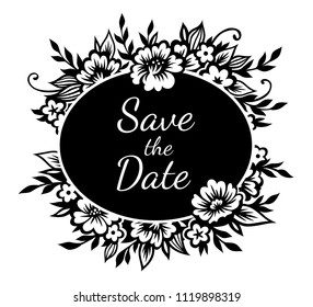 Romantic oval frame with stylized  black flowers and twigs. Template for wedding design, decoration and scrapbooking. Monochrome black illustration isolated on white