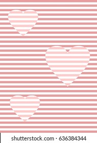 Romantic overlay template with hearts in optical art style, tender pink color, striped background