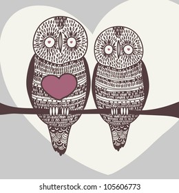 romantic owls on tree branch with heart