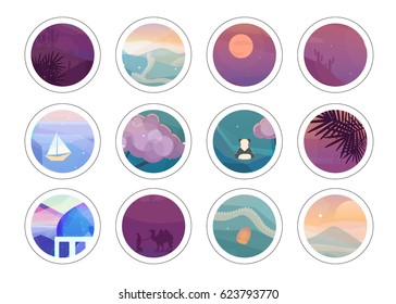 Romantic painting circles with different low polygon style textures. Vector landscapes illustration. Trendy stickers set.