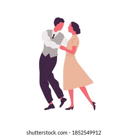 Romantic pair holding hands and dancing lindy hop. Man and woman dressed in retro clothes performing swing or jive dance. Couple of dancers. Flat vector cartoon illustration isolated on white