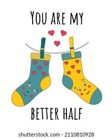 Romantic pair of striped socks hanging on a rope with hearts. Cartoon sweet characters. Illustration about love. Cute greeting card for Valentine's day. For poster, printing on t-shirt.