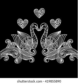  Romantic Pair of Swans. Decorative style.