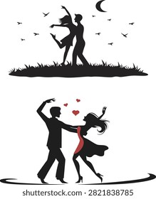 Romantic pair sways together beneath a starlit sky with fluttering birds