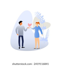 Romantic pair. A young man and woman hold a heart in their palms. Love and romantic theme. Vector illustration for St.Valentine`s day.