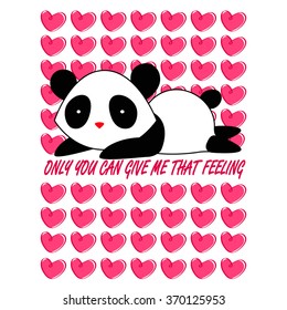 Romantic panda with pink hearts on the background 