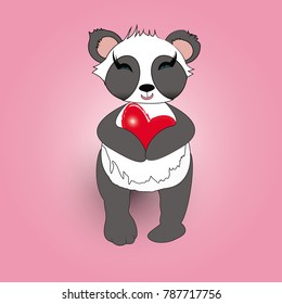Romantic panda with red hearts