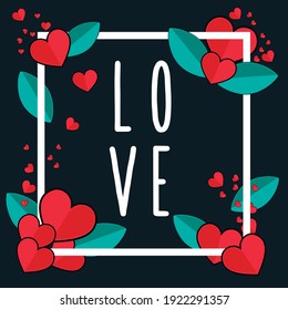 Panel romántico con corazones rojos y hojas verdes, vector