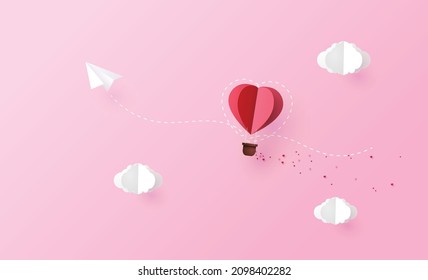 ilustración del amor y el día de San Valentín, Origami hizo un globo de aire caliente volar sobre el cielo.estilo de collage de arte de papel.