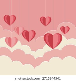 Fondo romántico de estilo de corte de papel con Formas de corazón colgantes y suaves nubes pastel. Perfecto para el día de San Valentín, tarjetas de felicitación de amor, diseños de bodas, Anuncios y Plantillas de redes sociales.