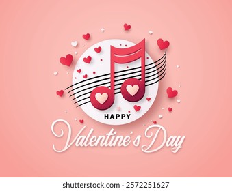 Romantic paper cut-style design of a music note filled with hearts on a pink background. Perfect for Valentine’s Day cards and love messages.