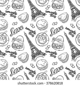 Romantic Paris. Love. Eiffel Tower, macaroon, coffee cup - latte, Box Candy and heart. Vector seamless pattern (background). Color drawing.