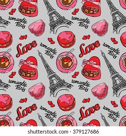 Romantic Paris. Love. Eiffel Tower, macaroon, coffee cup - latte, Box Candy and heart. Vector seamless pattern (background). Color drawing.