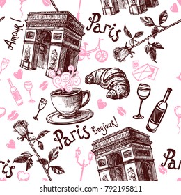 Romantic paris with rose coffee and croissant seamless pattern vector illustration