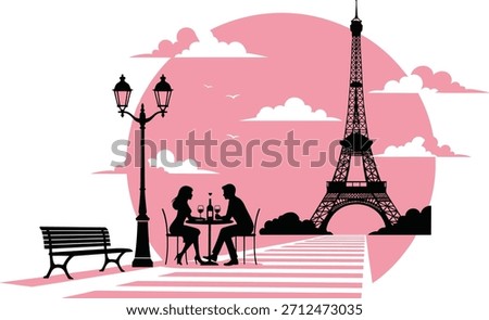 Romantic Paris scene vector, couple sitting near Eiffel Tower, pink sunset, birds, streetlamp, perfect for love, travel, date, silhouette themes