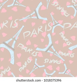 Romantic Paris. Seamless vector pattern with Eiffel tower,  hearts and  font.