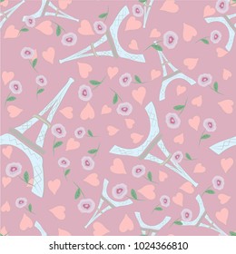 Romantic Paris. Seamless vector pattern with Eiffel tower,  hearts and  rose.