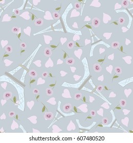 Romantic Paris. Seamless vector pattern with Eiffel tower,  hearts and  rose.