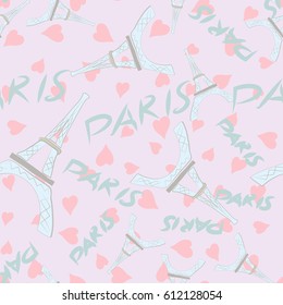 Romantic Paris. Seamless vector pattern with Eiffel tower,  hearts and  font.