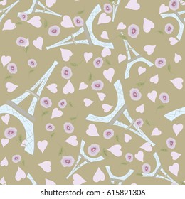 Romantic Paris. Seamless vector pattern with Eiffel tower,  hearts and  rose.