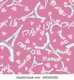 Romantic Paris. Seamless vector pattern with Eiffel tower,  hearts and  font.