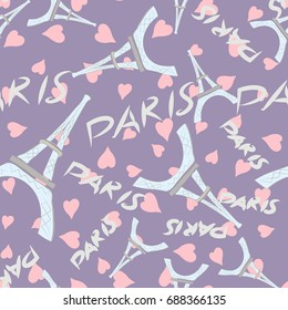 Romantic Paris. Seamless vector pattern with Eiffel tower,  hearts and  font.