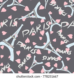 Romantic Paris. Seamless vector pattern with Eiffel tower,  hearts and  font.