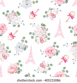 Romantic Paris seamless vector print. White and pink pattern with Eiffel towers, keys and flower bouquets. Camellia, orchid, rose, peony, eucalyptus, anemone. 