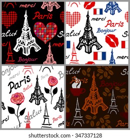 Romantic Paris. Set of 4 seamless hand drawn vector patterns with Eiffel tower and French words Bonjour (Hello), Merci (Thank you), Salut (Hi). Travel textile collection. Backgrounds & textures shop.