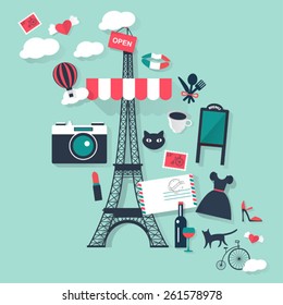 Romantic Paris tourism concept image.Vacation flat vector french icons