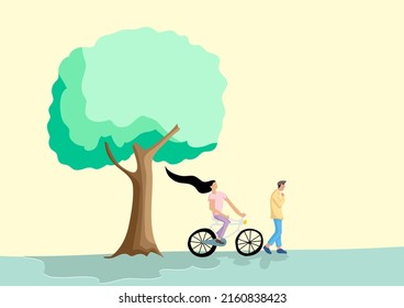 Romantic partner happily strolling in the garden,Vector flat design