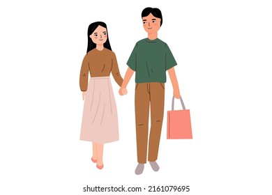 romantic partner  shopping together. a man carrying bags