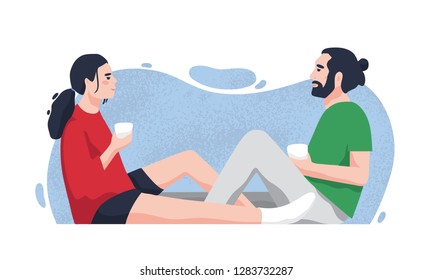 Romantic partners sitting on floor and drinking tea or coffee. Cute boyfriend and girlfriend spending time together at home. Funny cartoon characters. Colorful vector illustration in flat style.