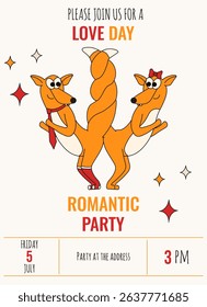 Romantic party invitation. Love party invite card cover template design with funny red fox. Valentine's Day flyer. Funny holiday vector illustration for social media, postcard print.