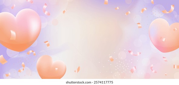 Romantic pastel Birthday or Wedding banner with cute hearts, soft sky gradients, and sparkling accents for love-themed cards and invitations