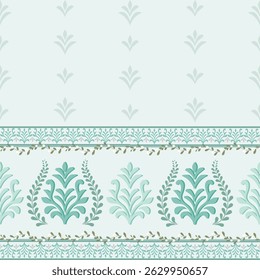 A romantic pastel border pattern combining classic damask motifs with hand-drawn leaves and vines. Ideal for packaging, curtains, scarves, invitations, and boho-themed projects.