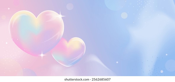 Romantic pastel Valentine’s Day banner with rainbow hearts, soft blue gradients, and sparkling accents for love-themed cards and invitations