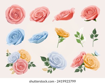 Romantic pastel roses element set isolated on white background.
