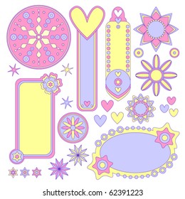 Romantic pastel vector tags, labels, hearts and flowers