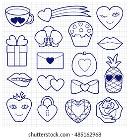 Romantic Patch Set with hearts, flowers and love objects. Fashion patches. Pin badges set. Stickers collection. Sketch of appliques for denim or clothes.