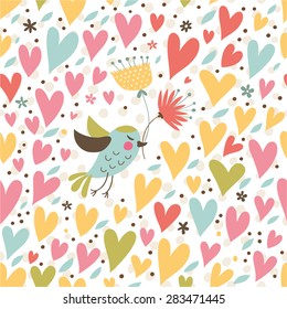 Romantic pattern with bird, flowers and hearts. Seamless background for your design.