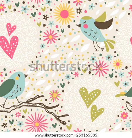 Romantic Pattern Birds Hearts Flowers Seamless Stock Vector Royalty