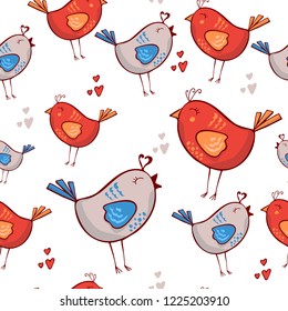 Romantic pattern with birds, hearts on a white background. Red Blue. Seamless pattern can be used for wallpapers, pattern fills, web page backgrounds, surface textures. doodle cute romantic wallpaper.