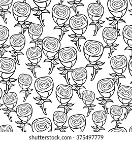 Romantic pattern of black and white roses. Seamless background with cute flowers. Floral illustration for coloring.