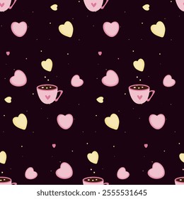 Romantic pattern. Cocoa porridge with marshmallows. Hearts on a dark background.